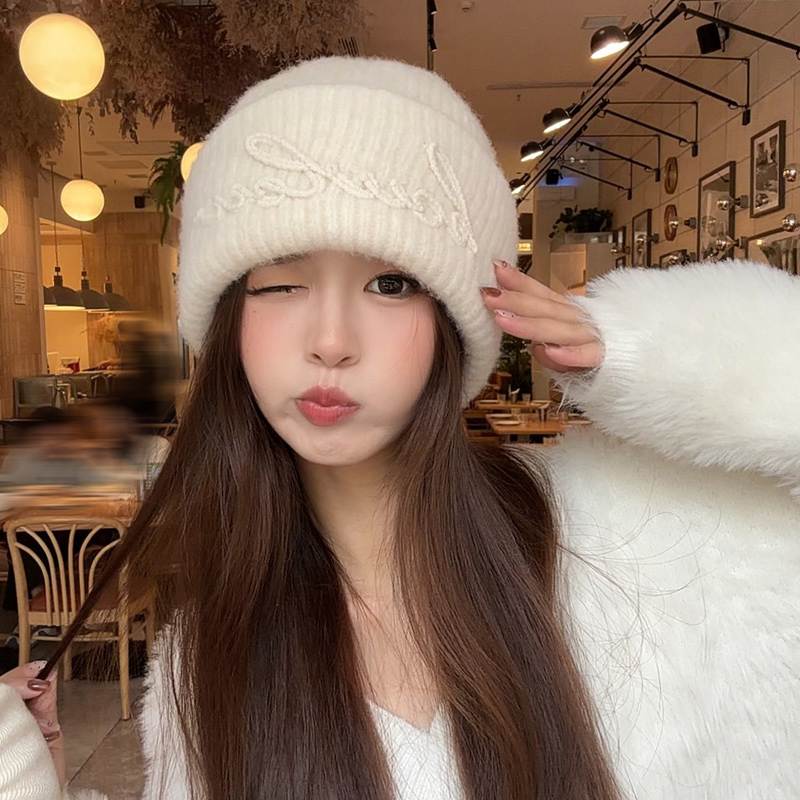 朵澜秋冬新款保暖护耳抗风骑车针织帽毛线帽刺绣字母厚实包头帽子