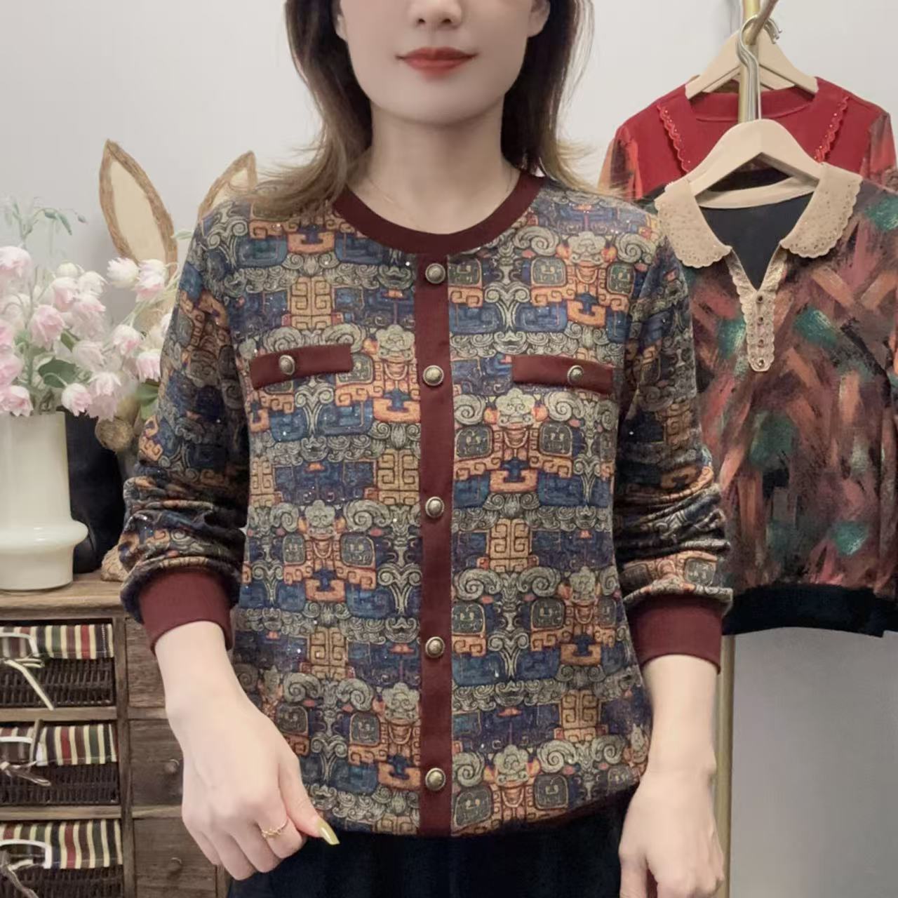 【丽姐家】秋季新款时尚圆领秋季休闲宽松中老年女装厚款洋气