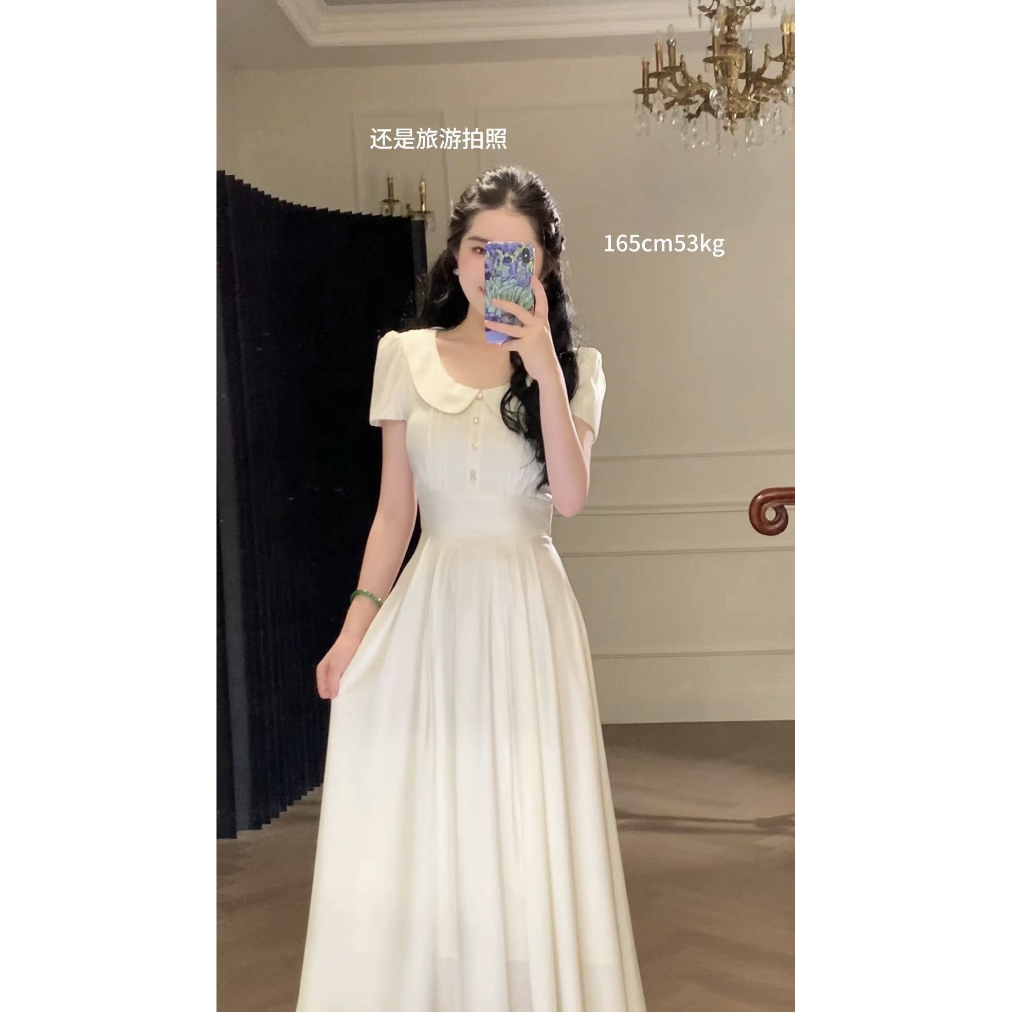 【春节倾仓】长款！白茶茉莉 优雅法式温柔淑女娃娃领收腰连衣裙长裙