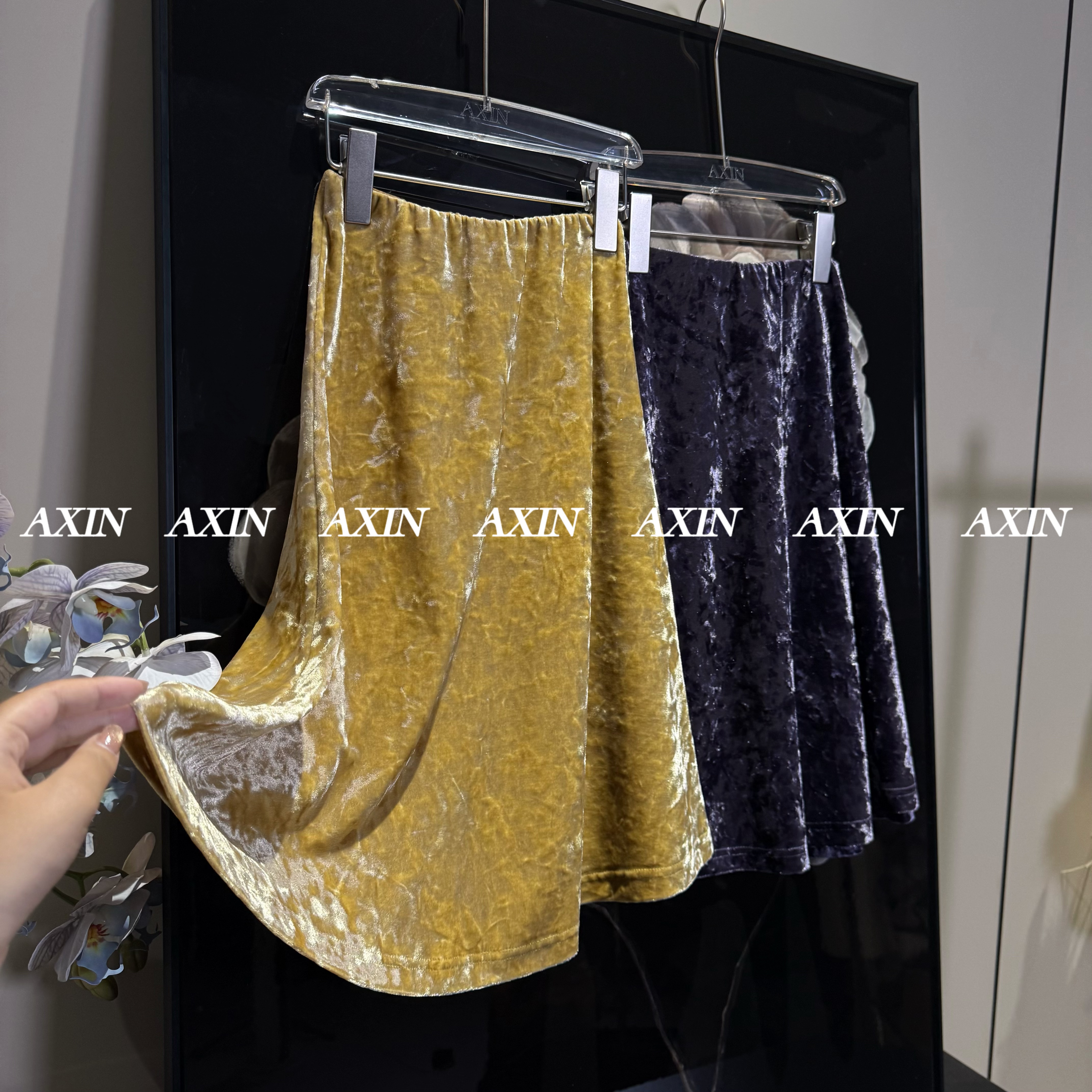 AXIN【紫•金为贵】独家定染丁香紫进口钻石绒A字裙女童亲子秋冬新款