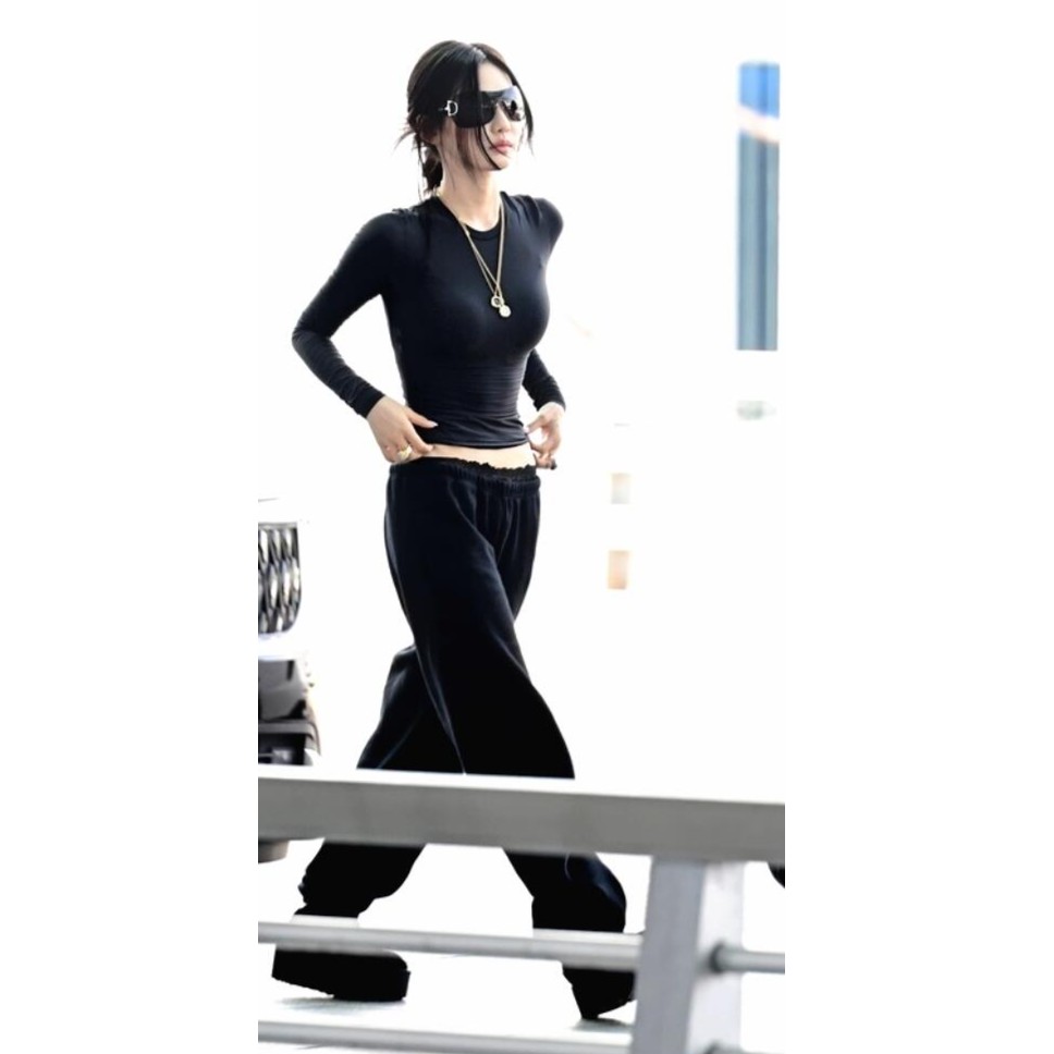 【宁艺卓同款】高弹软糯糯长袖双层奶皮上衣女蕾丝拼接腰头长裤套装