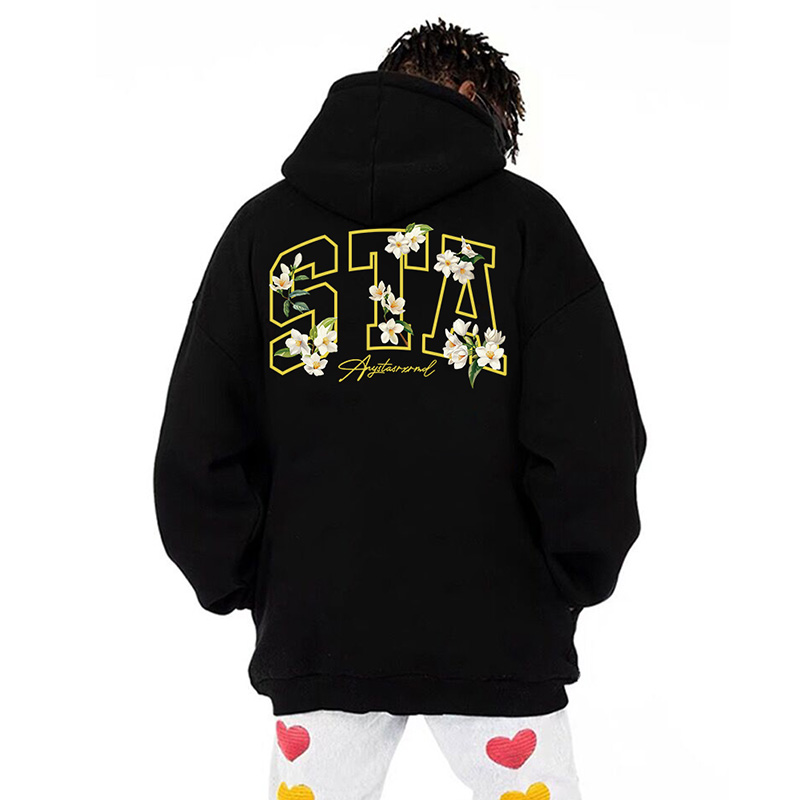 STA. SRXRMD栀子花卉潮牌秋冬连帽卫衣男女印花重磅宽松情侣上衣