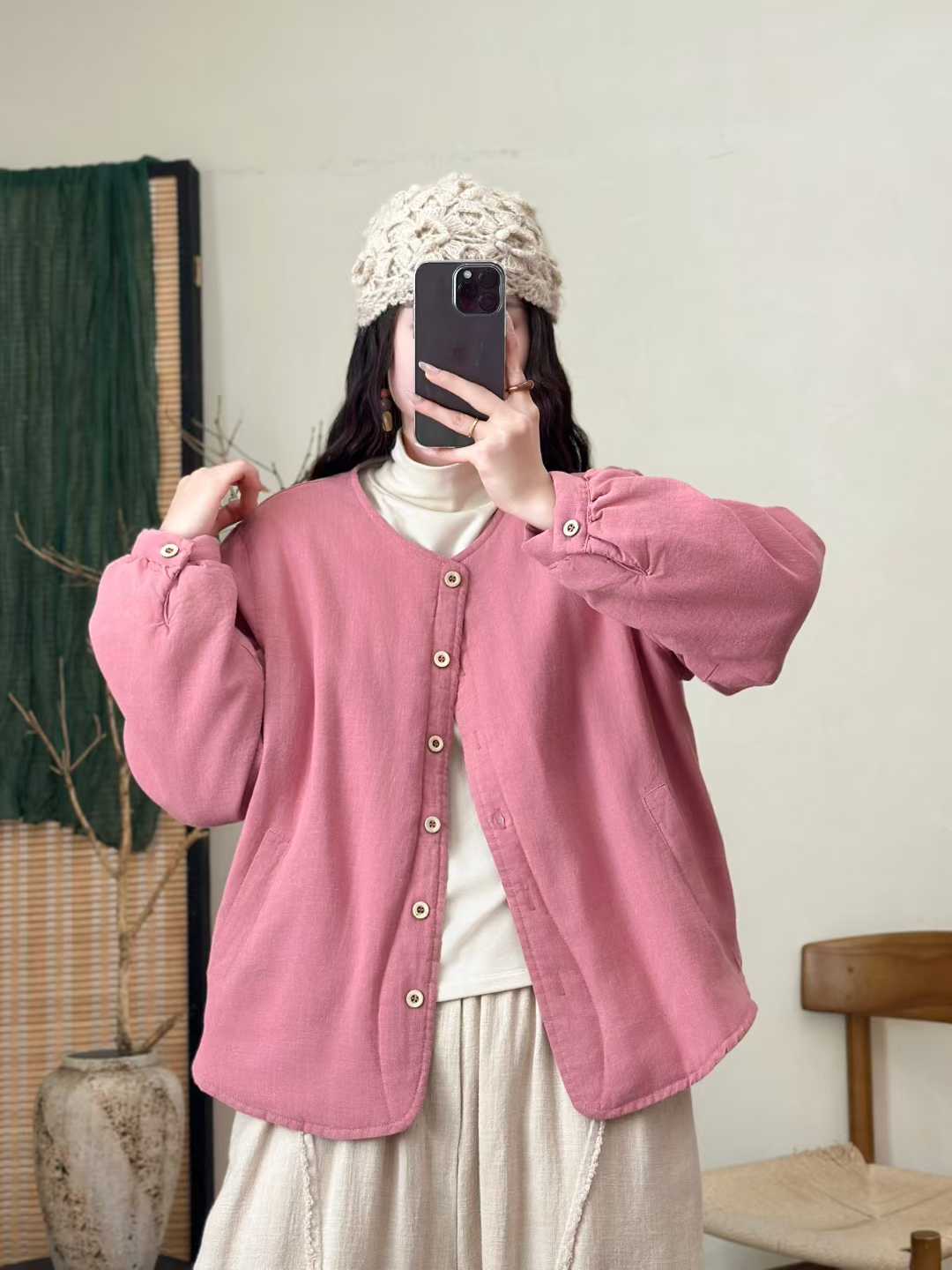 冬季女新款圆领纯色亚麻棉衣宽松休闲风夹棉棉服外套
