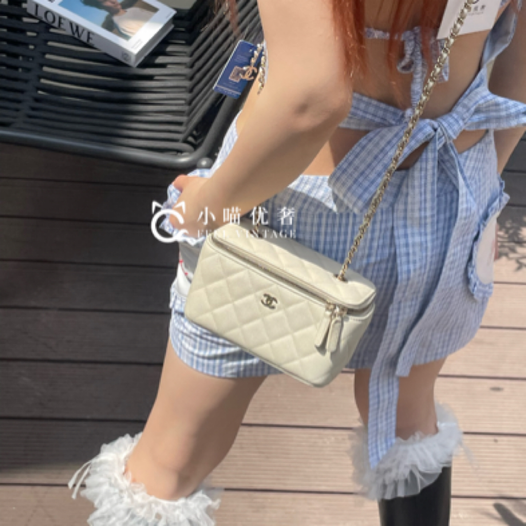 95新 Chanel/香奈儿 米白色荔枝纹牛皮长盒子化妆包31开尘袋养护