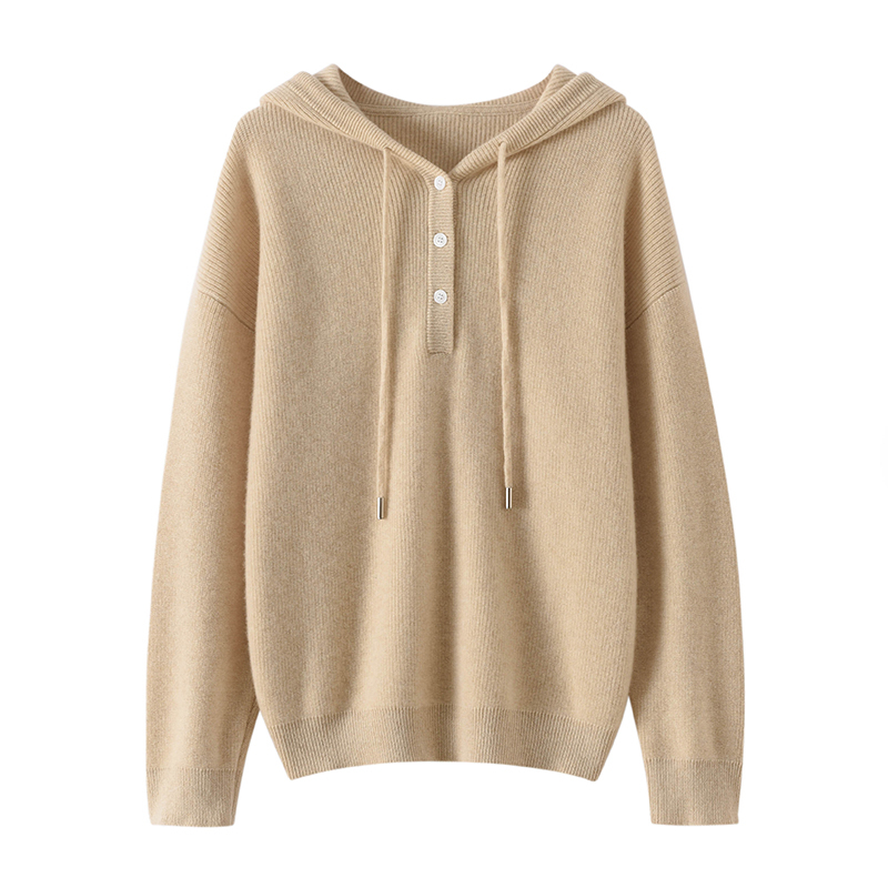100纯山羊绒元宝针纽扣针织连帽帽衫上衣女