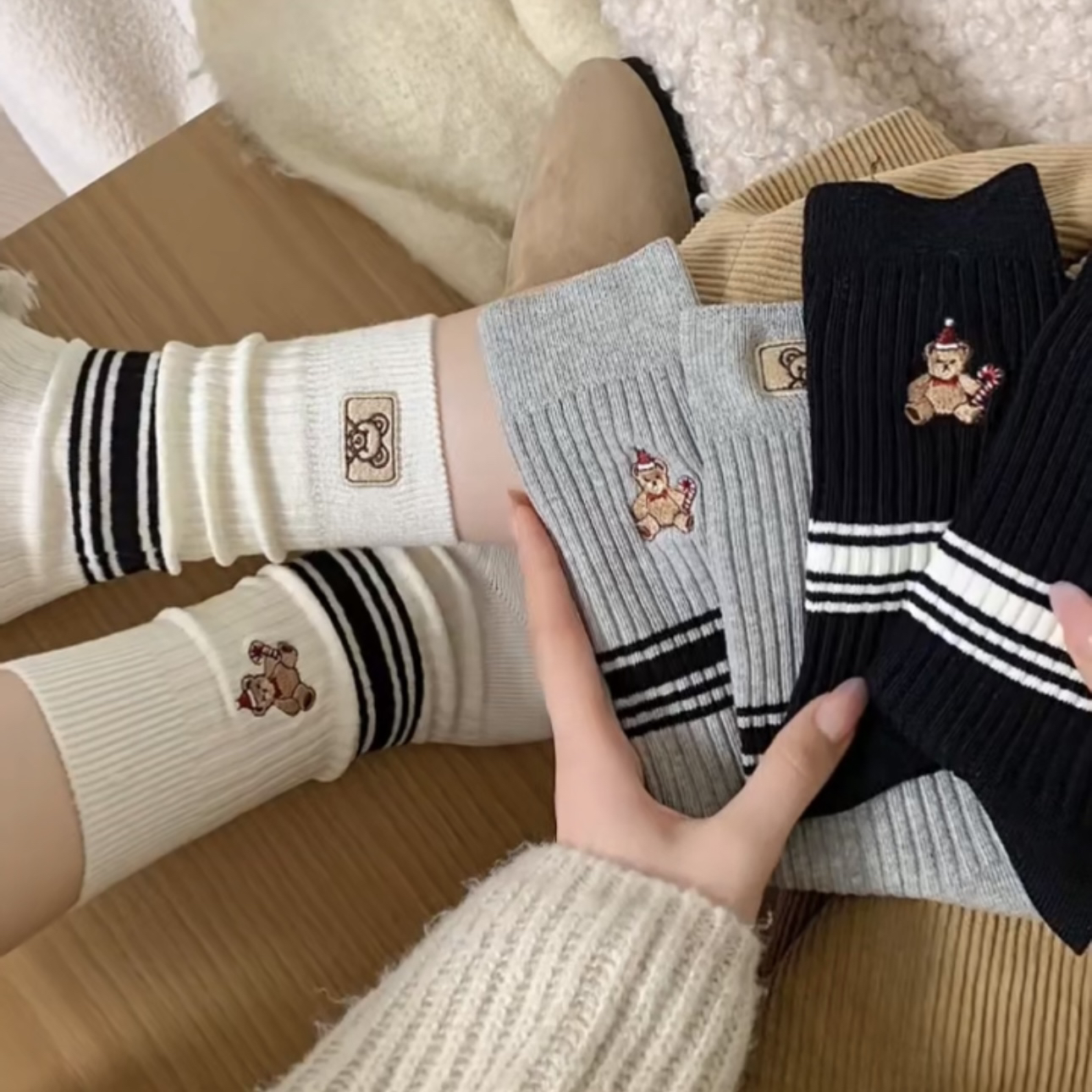 「合集」秋冬加厚纯棉保暖条纹刺绣女士中筒堆堆袜