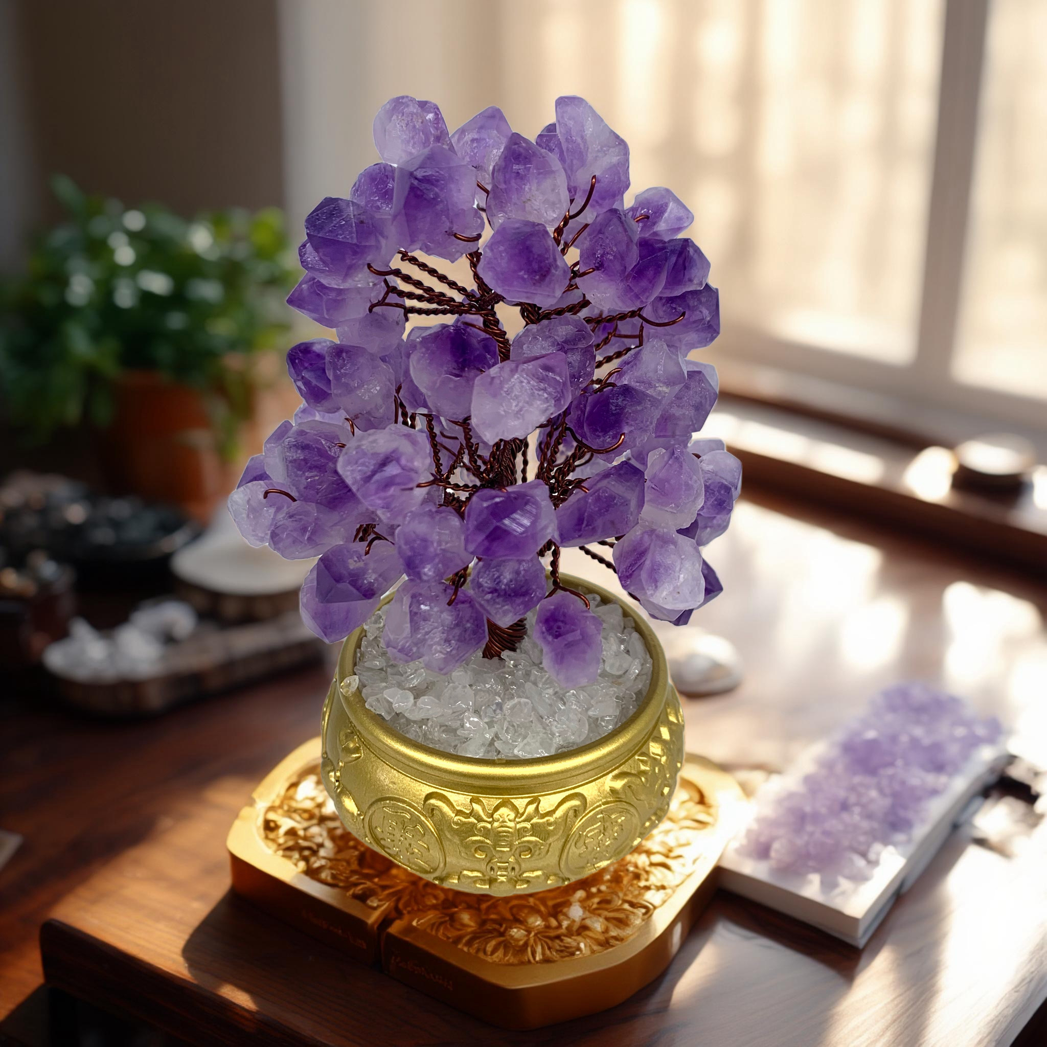 【轻奢高品】五福转运树聚宝盆摆件紫水晶花摇钱树聚宝盆八方来财