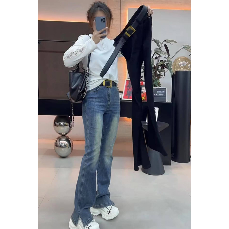 艾塔莉开叉裤子女春季牛仔胖mm显瘦微喇显腿长小个子极简风