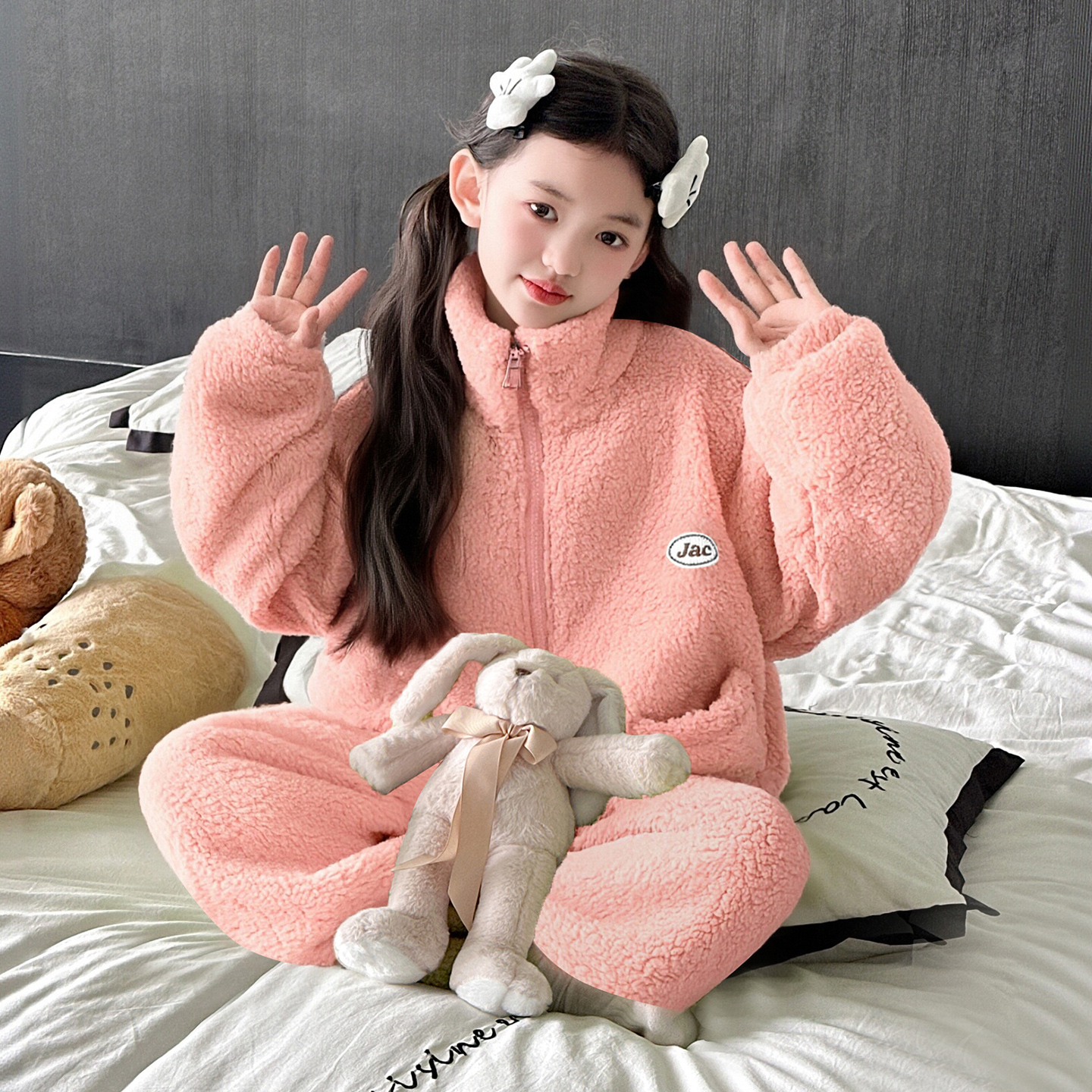 女童秋冬季珊瑚绒家居服套装中大童加厚保暖可外穿法兰绒拉链睡衣