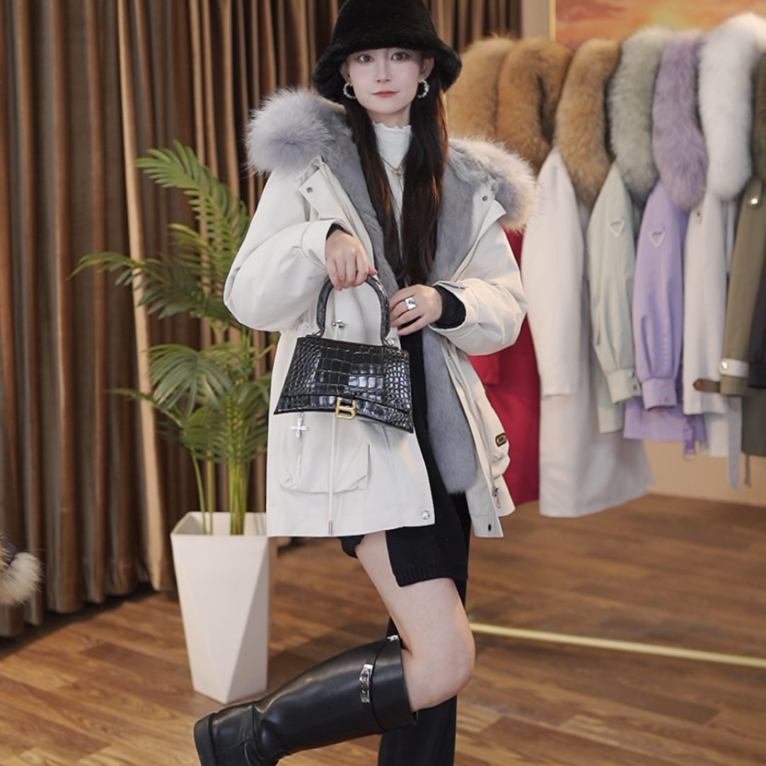 钰言【温美人】长毛兔内胆一衣三穿马甲款收腰显瘦冬季女士派克服