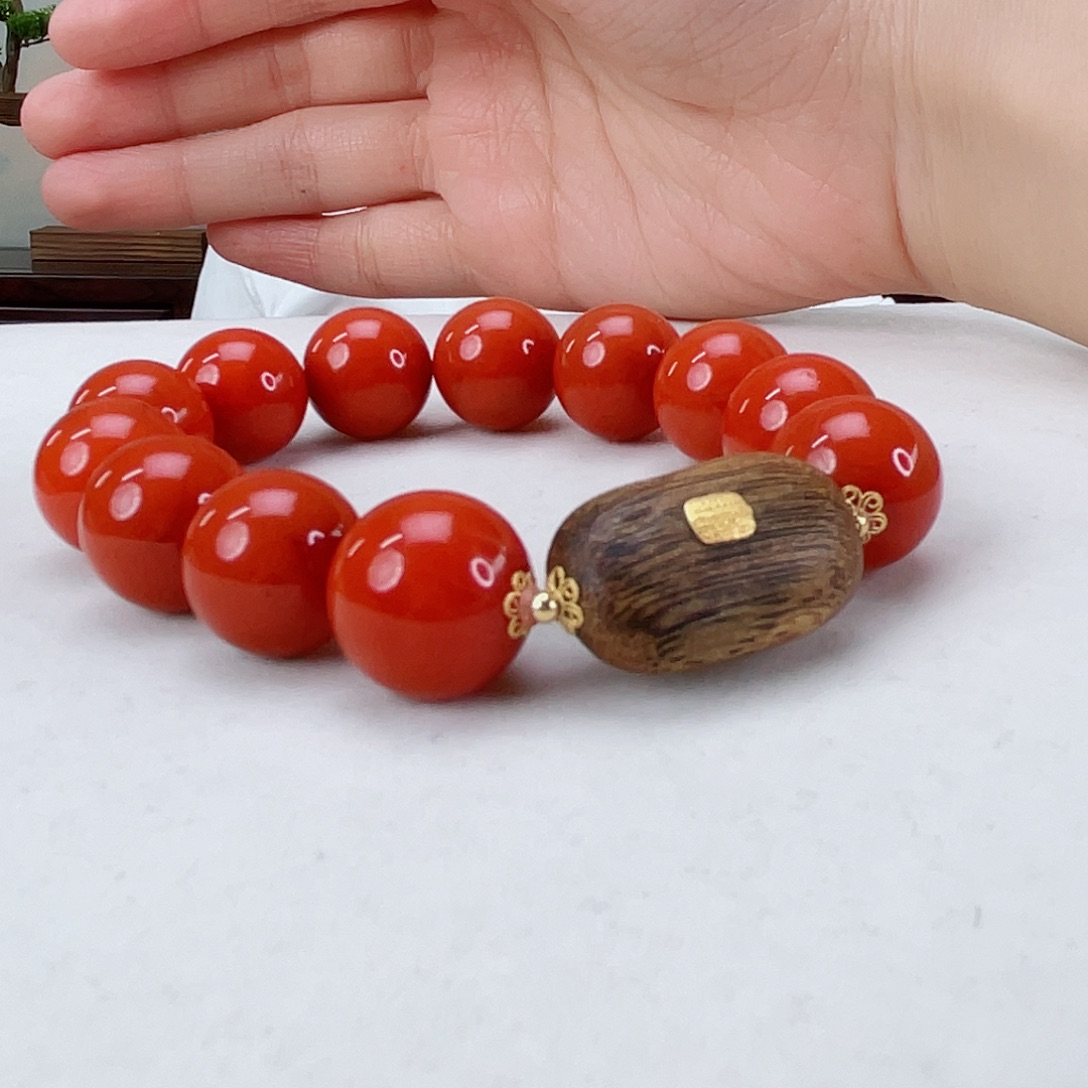 南红玛瑙手链18K金镶嵌南红15.5