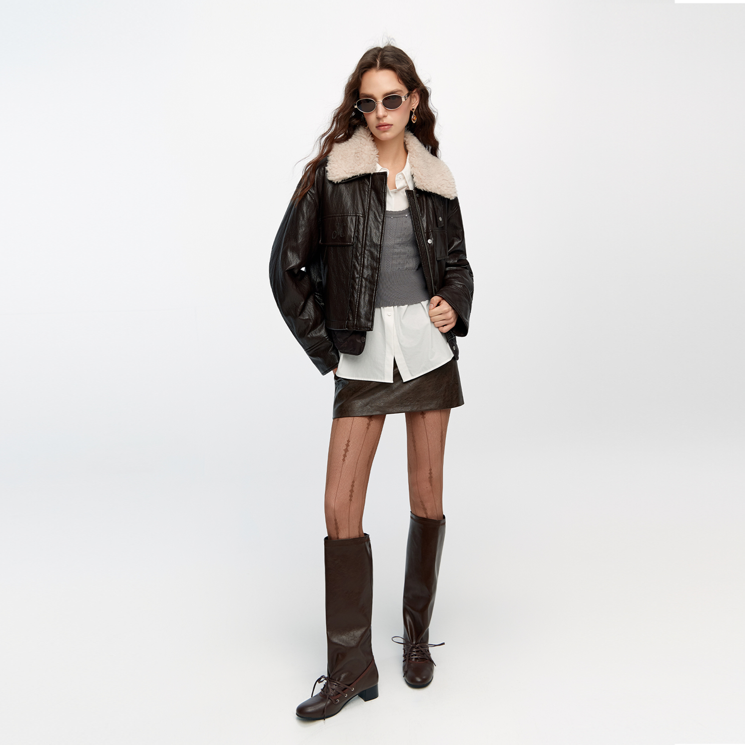 MISSCOCOON可可尼PU皮衣外套女25冬新款miu系复古90鸭绒羽绒服