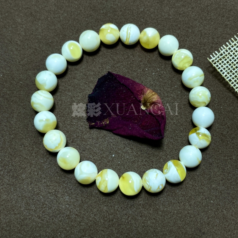 【炫彩·金漆白】天然原矿俄料金漆白溶洞妖花圆珠蜜蜡手串文玩饰品