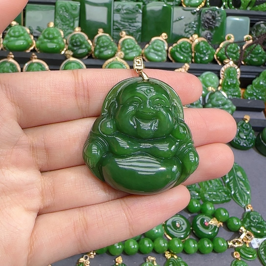 和田玉（碧玉）18K金镶嵌颈饰特价辣绿40m，介意勿拍！