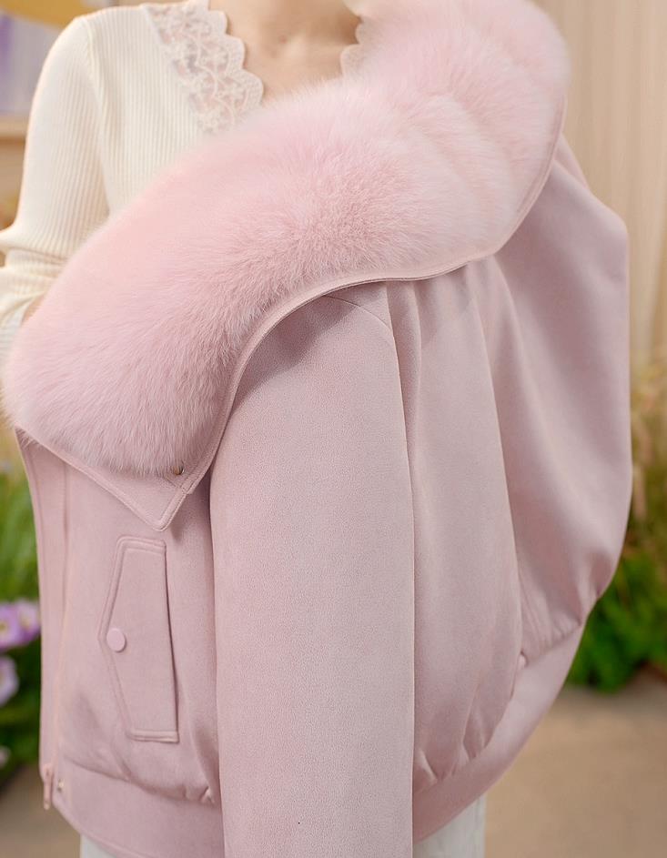 【MM】秋冬气质时尚保暖百搭大毛领粉色澳皮羽绒服女士
