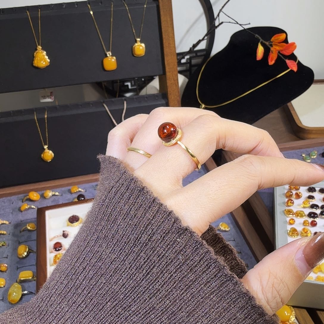 血珀银S925镀金镶嵌戒指血珀戒指