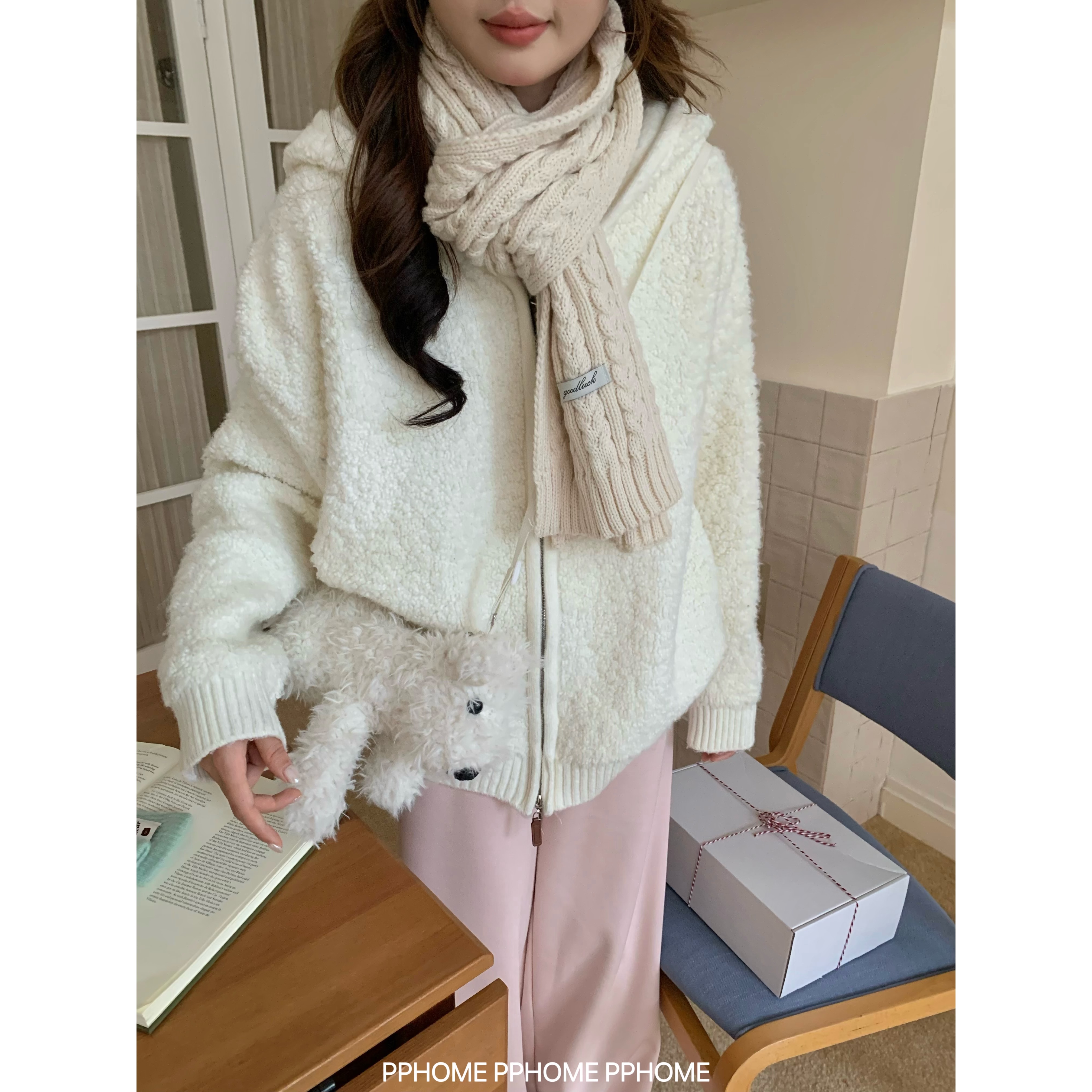 淡人穿搭 圈圈毛纱宽松慵懒毛衣外套秋冬连帽针织开衫