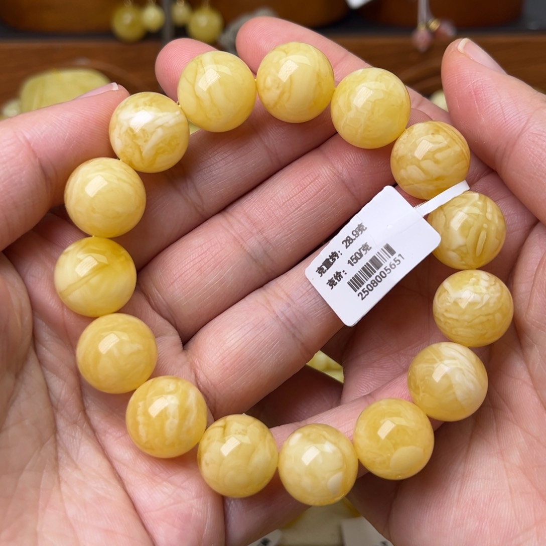 手链蜜蜡未镶嵌15圆珠浓蜡底白花蜡虎皮纹手围18收藏级