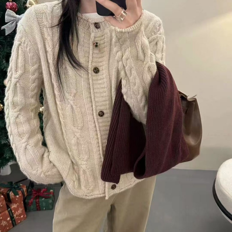 羊范韩版圆领五股加厚羊毛针织开衫女宽松慵懒风显瘦软糯百搭外套