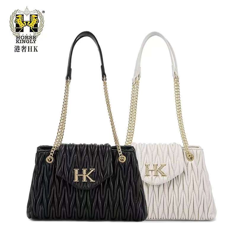 HorseKingly秋冬新款女士褶皱包单肩斜挎链条女包大容量女包1078