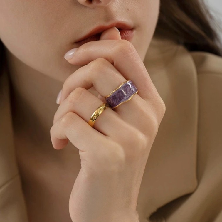 钛钢珐琅戒指 1249小众设计法式紫色冰淇淋珐琅彩钛钢不掉色戒指