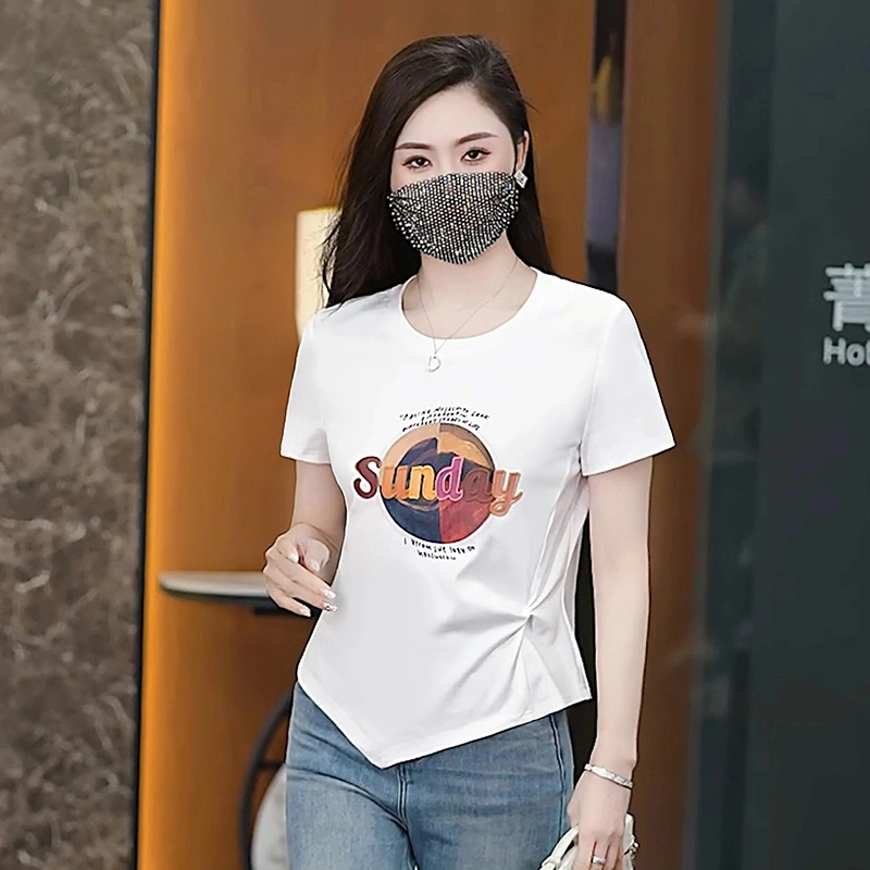 2025夏季圆领短袖t恤洋气韩版体恤衫时尚短款修身显瘦上衣女