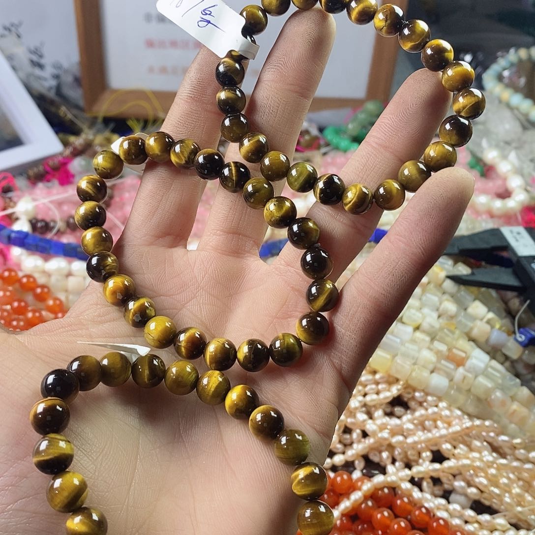 玛瑙/玉髓珠宝半成品未镶嵌一条天然8mm黄虎石A级手链B64