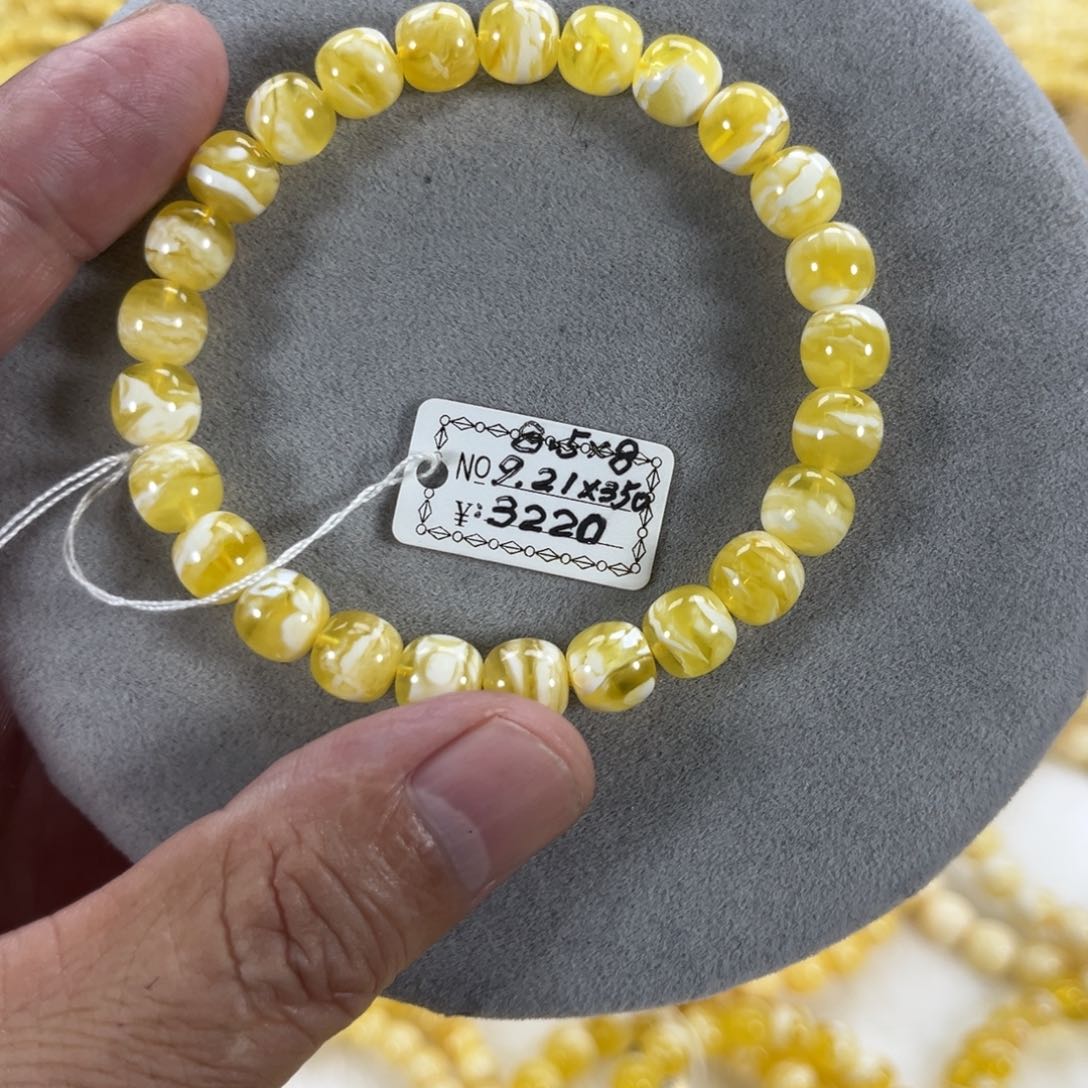 蜜蜡手串未镶嵌窝***走纯天然俄料金瓷白花虎皮