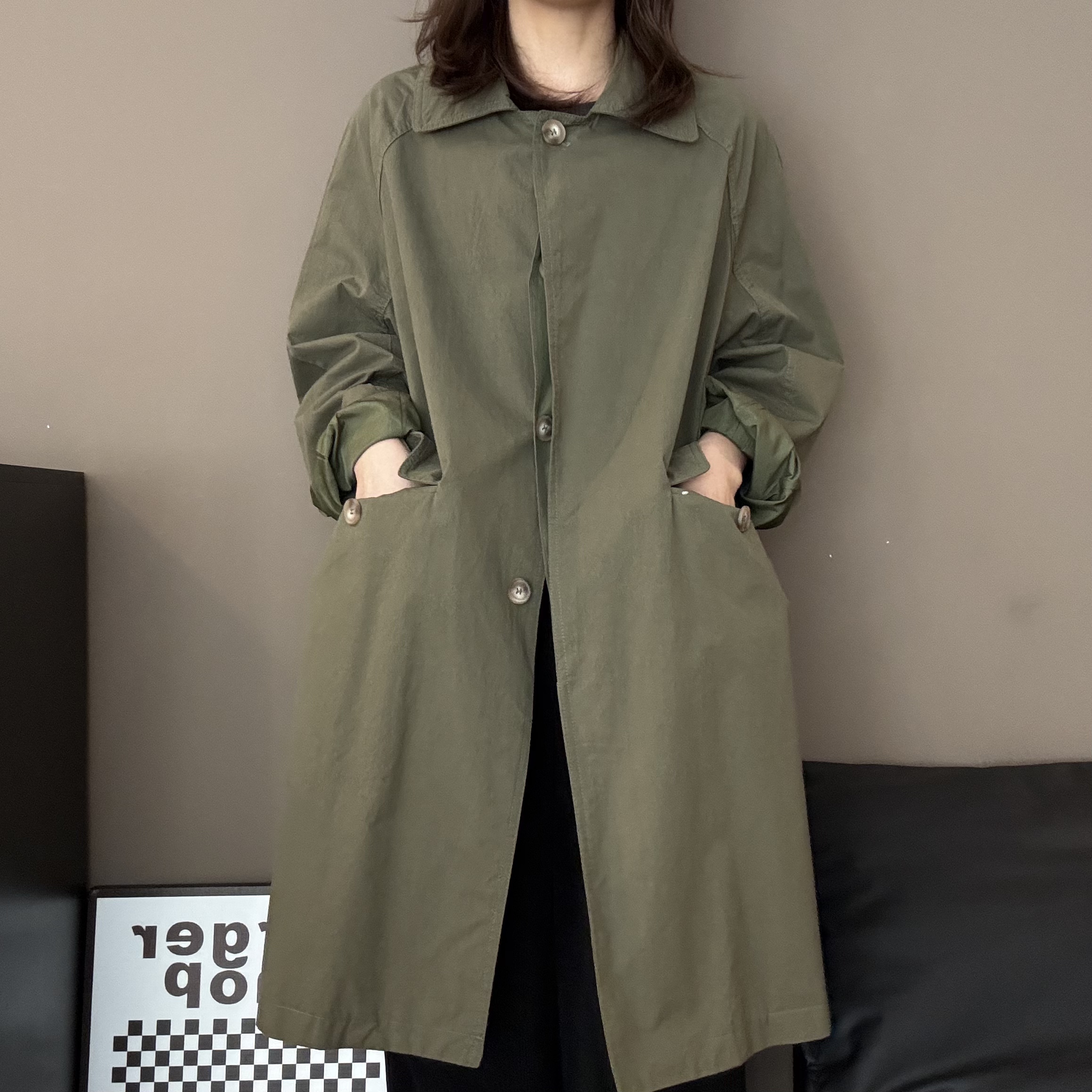 中长款风衣外套女秋季简约设计感复古宽松百搭小众潮流-23077
