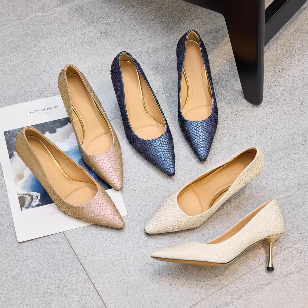 广州女鞋3811-101高端鱼皮细跟新款尖头气质性感女高跟鞋单鞋