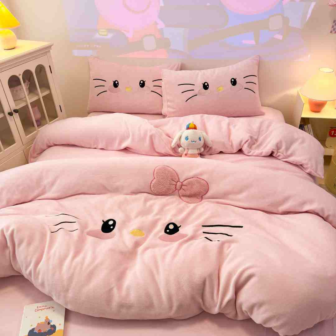 猫咪日记INS卡通牛奶绒小猫贴布绣四件套被套床单三件套被套床品