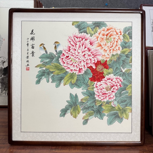 【手绘国画】带框［83*83厘米］工笔画牡丹花开富贵斗方餐厅挂画玄关