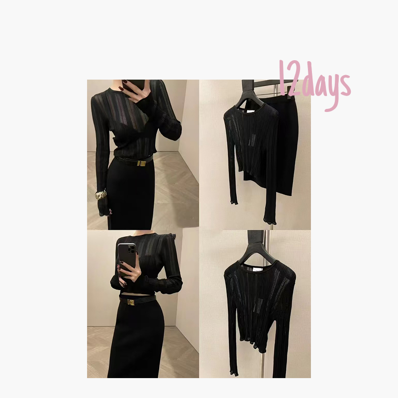 12days | SLP新款秀场镂空透视修身黑色长袖罩衫 | 25155