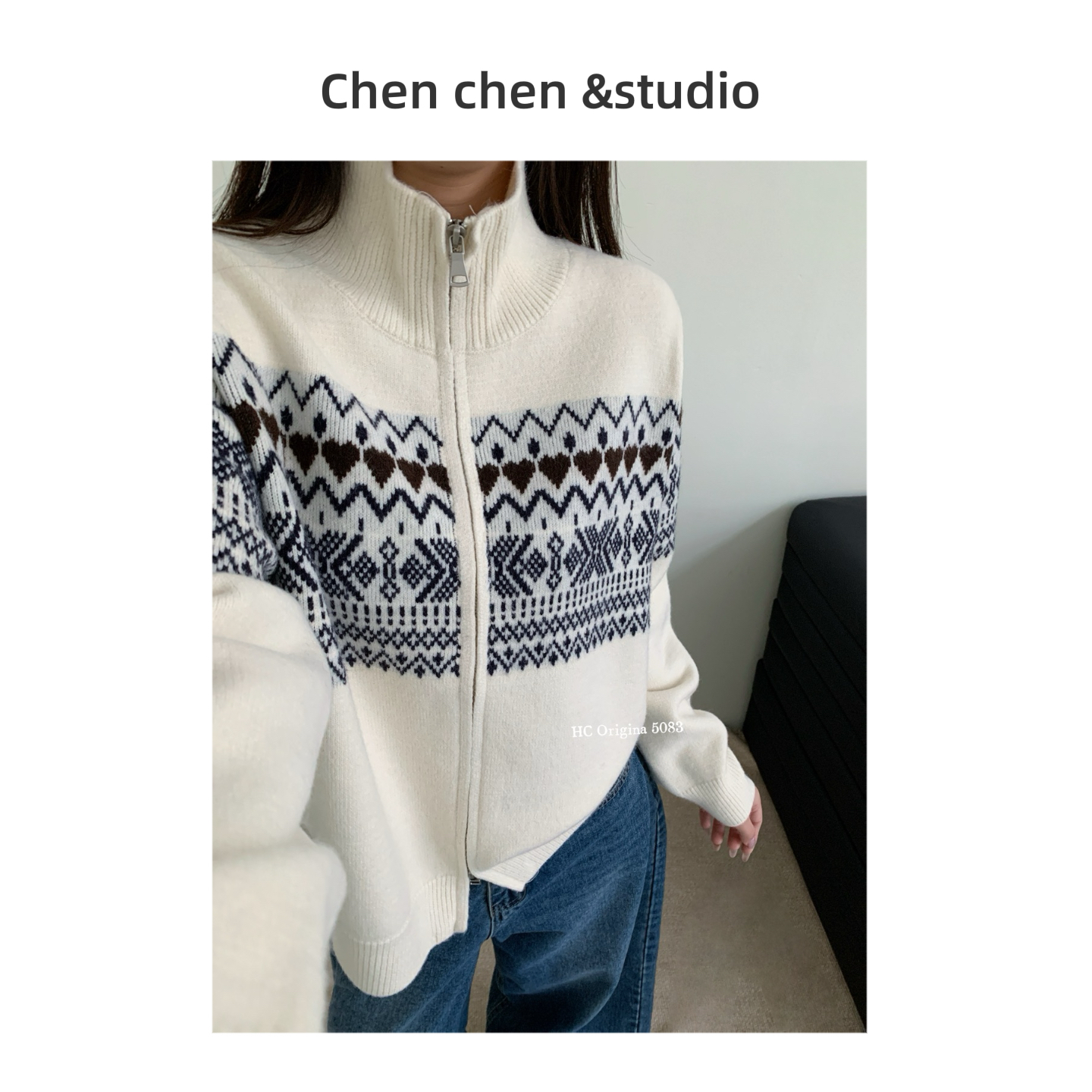 【爱心费尔岛拉链开衫】2025冬季新款韩系复古提花针织女毛衣外套