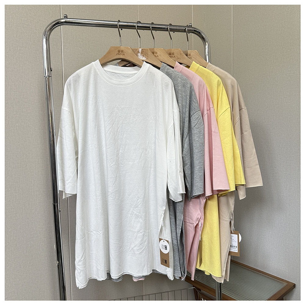 2T009/T289夏季新款宽松中长款毛边圆领短袖白色T恤女