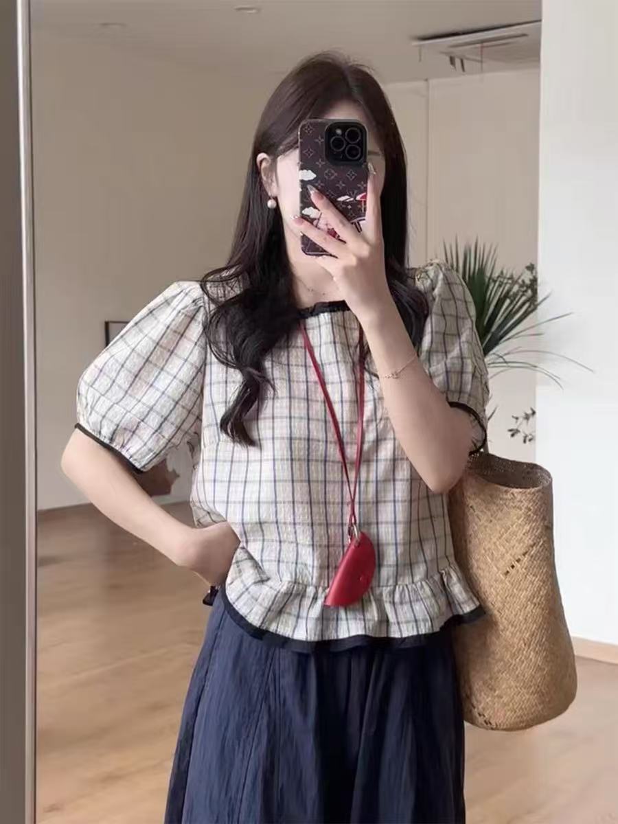 2025韩版格子衬衫女宽松泡泡袖套头圆领设计简约通勤气质减龄上衣