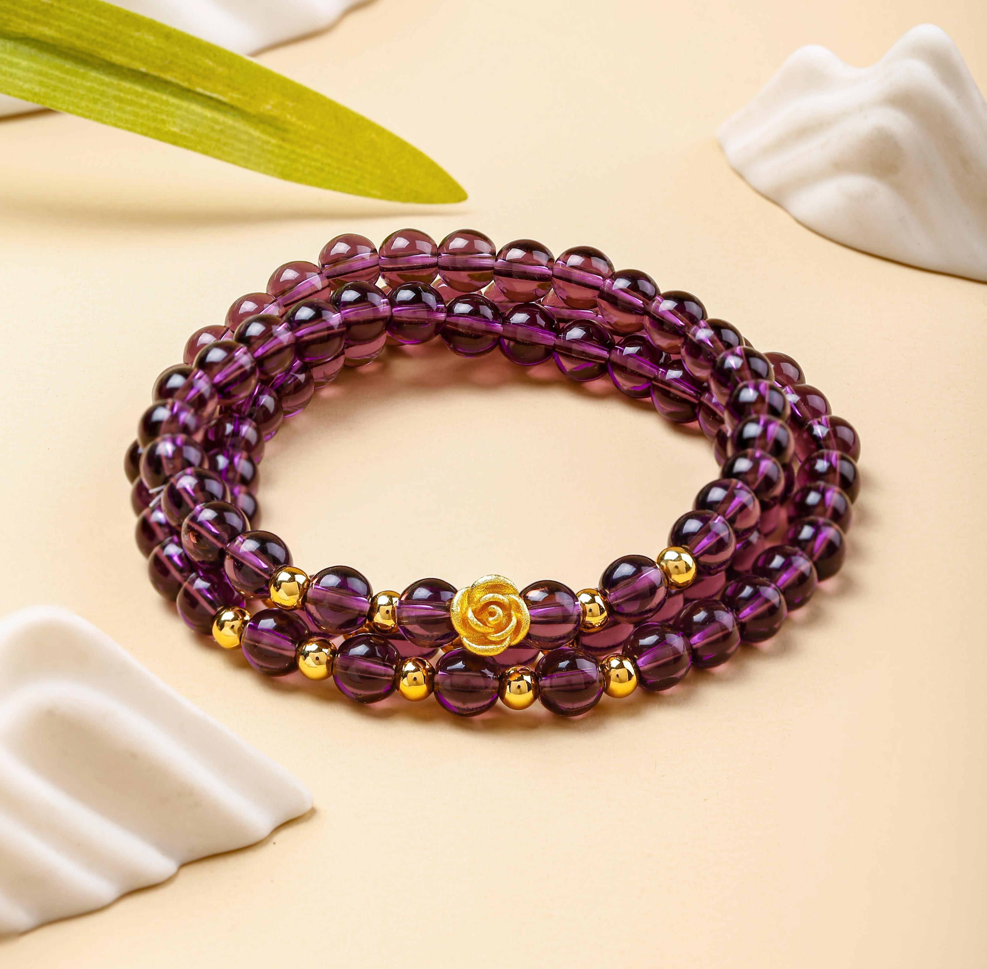 【黄金补贴MY】足金玫瑰花搭配天然紫水晶100颗手串（证书礼盒）WW888