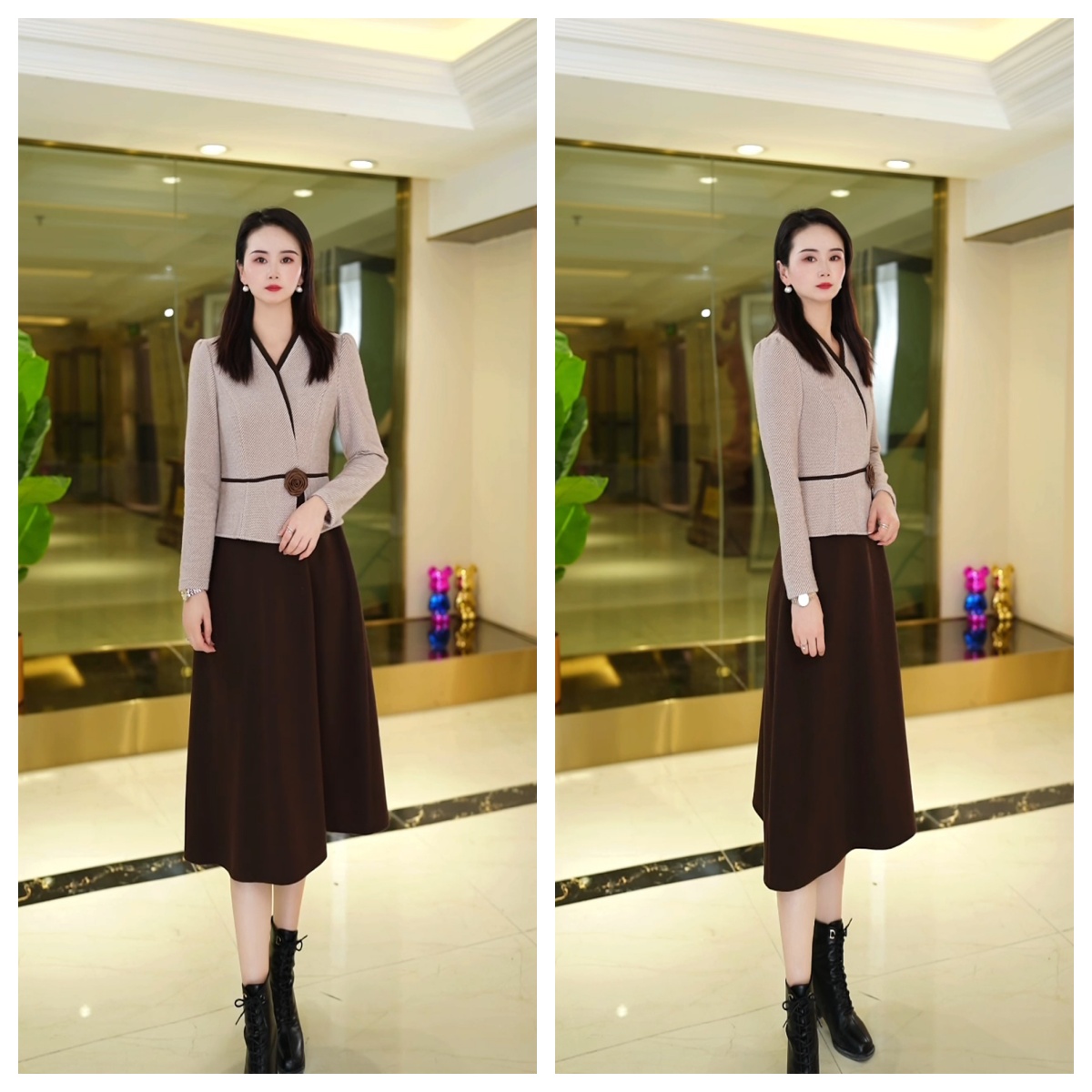 丹思俪Y8138秋冬2024年新款连衣裙洋气加厚气质收腰假两件中长裙