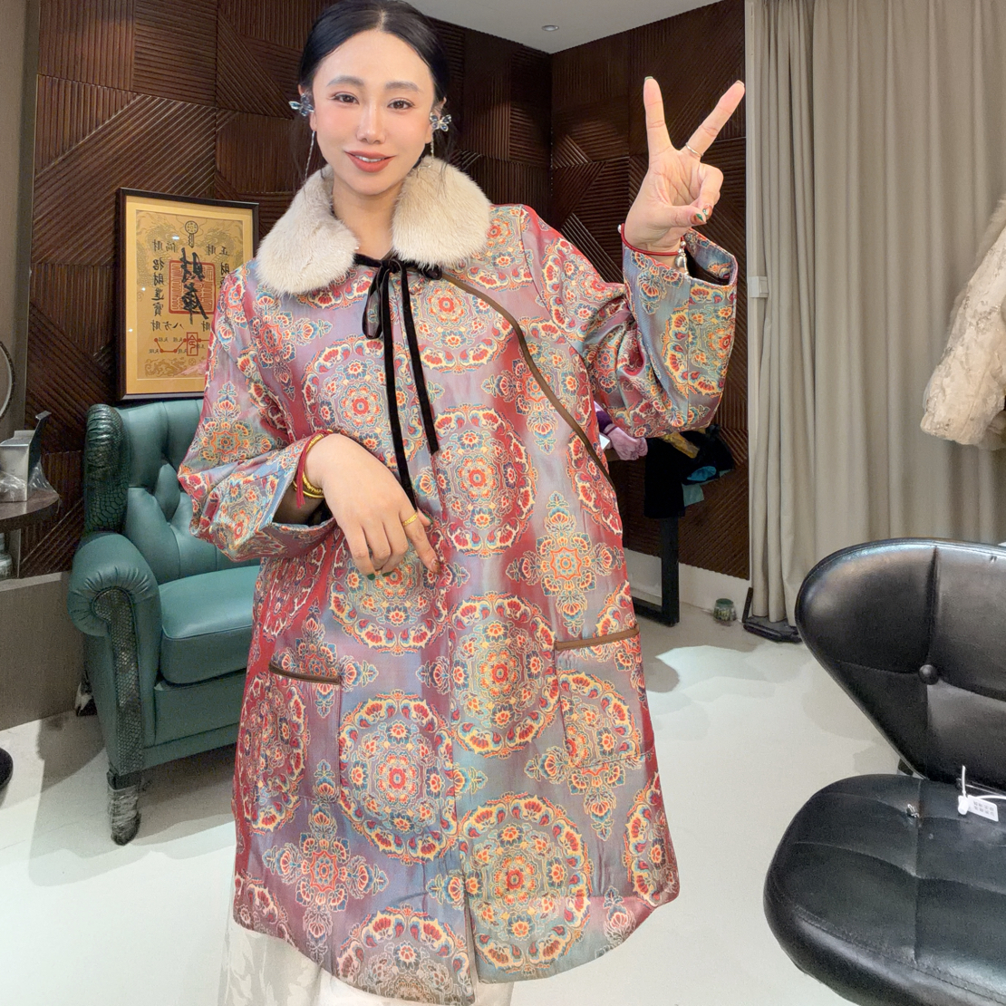 5990#《人丝蜀锦太太服》保暖不褪色冬厚款国风提花服