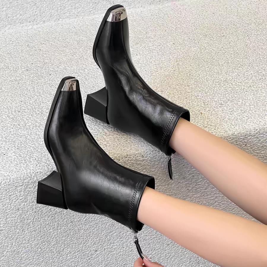 防撞金属头切尔西短靴新款秋冬加绒复古粗跟高跟洋气瘦瘦靴9-758S