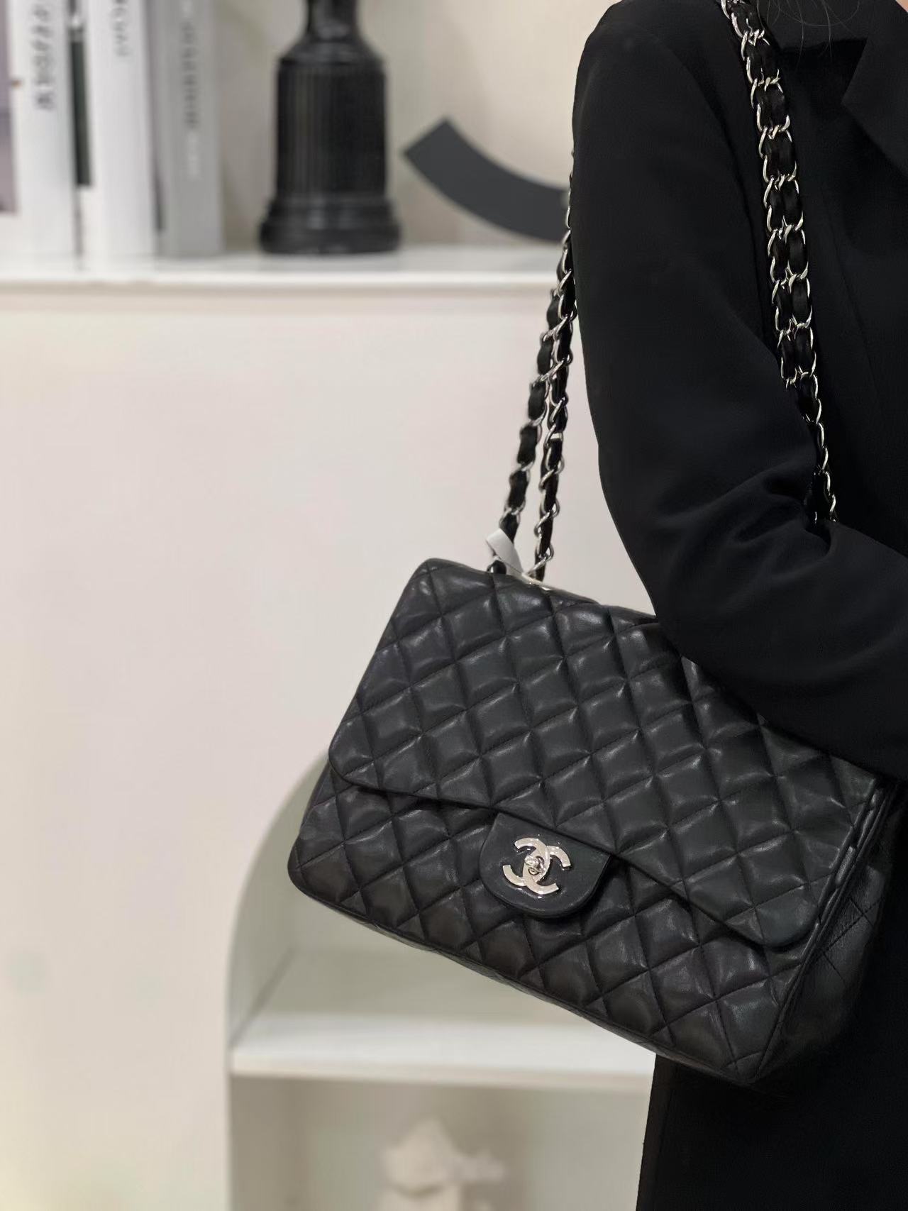 99新 Chanel/香奈儿 chanel cf jumbo黑银羊斜挎包双盖/甄选