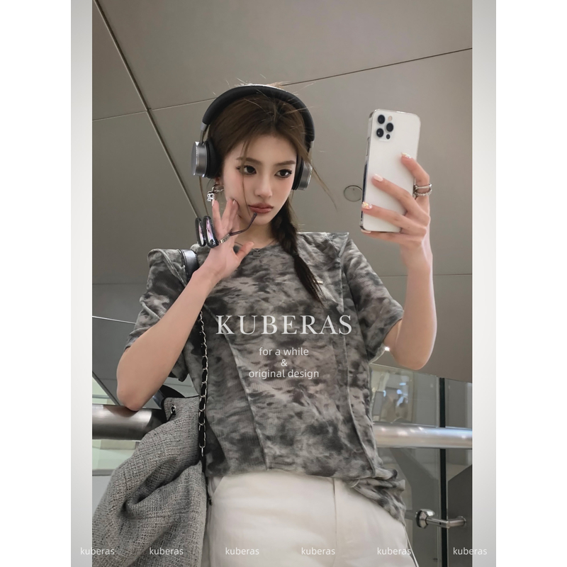 KUBERAS/复古小众轻薄网格晕染系带修身镂空T恤宽松休闲圆领上衣