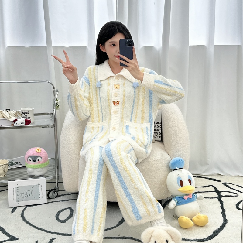 2025加厚冬季睡衣家居服套装加绒保暖冬季休闲毛绒韩系宽松
