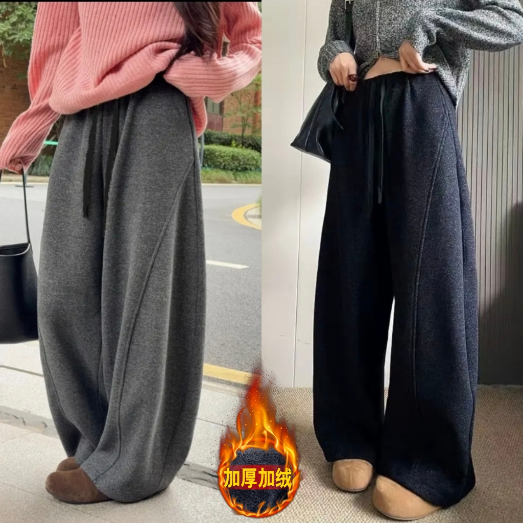 加绒加厚松紧高腰休闲百搭宽松显瘦直筒裤女秋冬爆款时尚弯刀卫裤