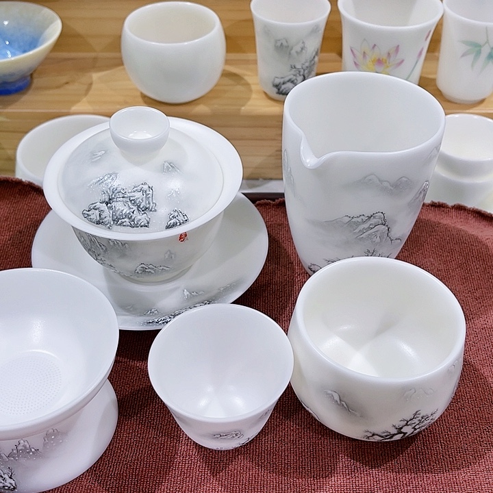 高冰素烧手绘盖碗套装陈*