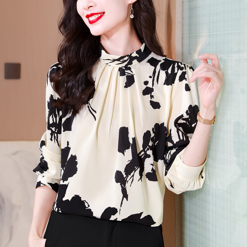 复古印花缎面衬衫女2025秋季新款优雅立领衬衣花色