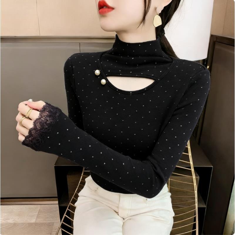 亮闪闪镂空打底衫T恤女半高领设计感修身显瘦百搭加绒上衣0072