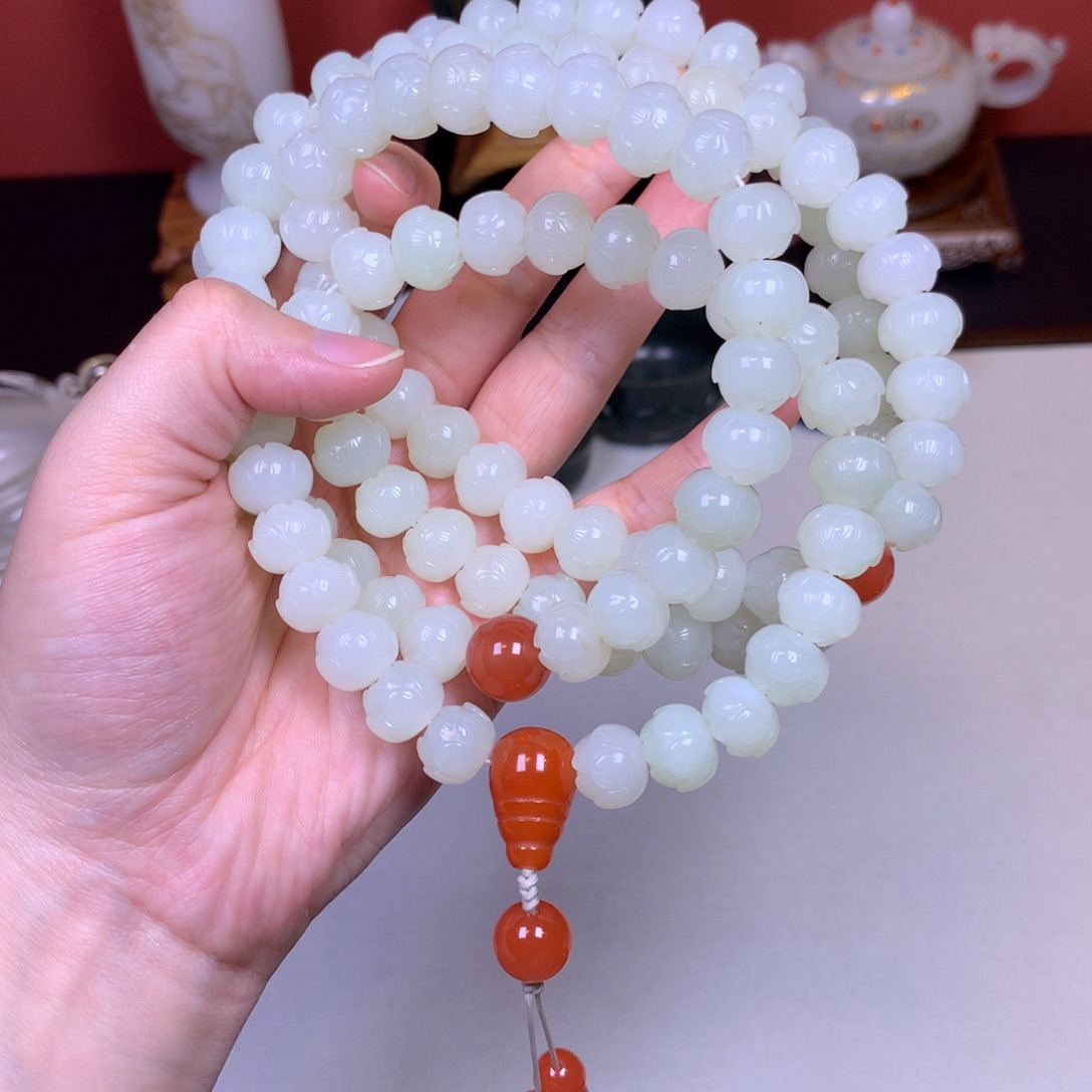和田玉（白玉）108白玉莲花珠未镶嵌