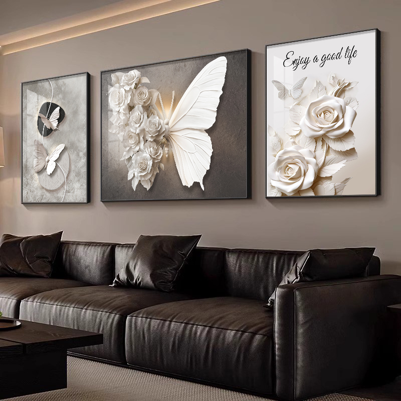 现代简约客厅装饰画轻奢蝴蝶花卉沙发背景墙大气三联组合氛围画