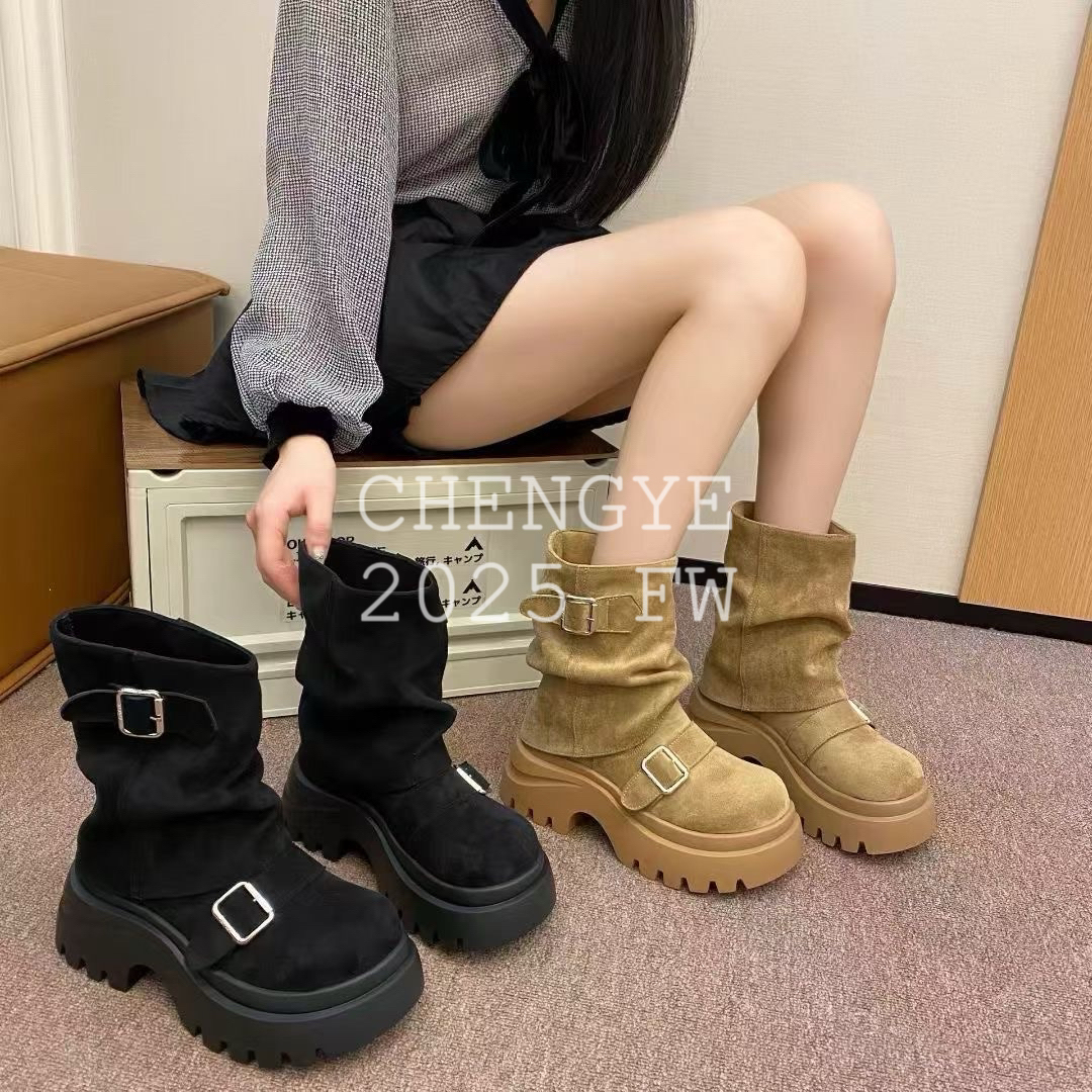 【CHENGYE】马丁靴中筒2025秋款复古高帮系带胶粘女防水台圆头